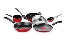 Pigeon Nonstick Cookware Set of 7 Piece, Includes Nonstick Tawa 23 cm, Nonstick Fry Pan 24 cm, Nonstick Kadai with Stainless Steel Lid 24 cm, and Nonstick Sauce Pan (Red)