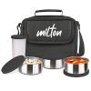 Milton New Steel Combi Lunch Box, 3 Containers And 1 Tumbler With Jacket, Set Of 4, Black | Food Grade | Light Weight | Dishwasher Safe | Easy To Carry | Leak Proof
