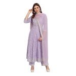 Rangnavi Women Rayon Anarkali Embroidered Printed Kurta Pant and Dupatta Set Purple