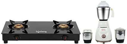 Lifelong Power Pro LLMG02 Mixer Grinder, 500W, 3 Jars (White/Brown) & LLGS912 Automatic Ignition 2 Burner Gas Stove with Toughened Glass Top (1 Year Warranty, Black), Medium