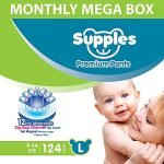 Supples Premium Diapers, Large (L), 124 Count, 9-14 Kg, 12 hrs Absorption Diaper Pants