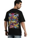 Veirdo Oversized Cotton Graphic Print Black Crew Neck T-Shirt with Chest Print for Men