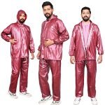 AllExtreme Wood Raincoat Set with DrawString Hem Adjustable Hood & Pants Rain Gear Wet Weather Protection Rainsuit with Carrying Pouch for Men (Maroon, XXL)