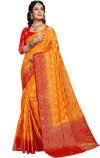iZibra Kanjivaram Silk Saree Wedding For Women Banarasi Sadi Original Kanchipuram Pure Pattu Sari With Blouse Piece 2023(flowertree)(Yellow Red)