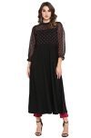 Janasya Women’s Black Poly Crepe Polka Print A-line Kurta