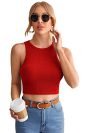 Istyle Can Women’s & Girls’ Solid Crew Neck Ribbed/Knitted Sleeveless Stretchable Slim Fit Crop Tank Top (Medium, Red)