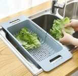 wolpin Plastic Expandable Kitchen Dish Drainer and Drying Rack Sink Basket for Washing Bowls Utensils Vegetables Fruits Storage Organiser Retractable Up to 48 cm, Blue
