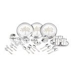 Classic Essentials Stainless Steel Virksha Dinner Set with Permanent Laser Engraving Design Kitchen Set for Home | Heavy Gauge Steel Dinner Set (Pack of 32)