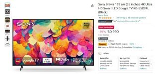 Apply ₹2000 Off Coupon | Sony Bravia (55 Inches) 4K Ultra HD Smart LED Google TV @56,900 +SBI Bank Offer.