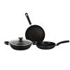 Bergner Essential Plus Non-Stick Cookware Set 4Pc-Kadhai with Glass Lid 2.6 L, Dosa Tawa 28cm, Frypan 24cm 1.8 L, Induction & Gas Ready, Stylish Granite Coating with Enahnced Bakelite Handles, Black