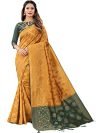 leeza store Women’s Yellow Jacquard Cotton Silk Blend Golden Zari Woven Banarasi Bandhani Fusion Style Saree with Blouse Piece