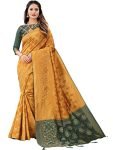 leeza store Women’s Yellow Jacquard Cotton Silk Blend Golden Zari Woven Banarasi Bandhani Fusion Style Saree with Blouse Piece