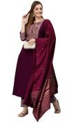 KLOSIA Women Embroidered Kurta and Pant Set with Dupatta (Medium) Wine