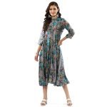 BIBA Women’s Black Rayon Flared Printed Dress