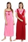 Fabme Wome’s Satin Two Piece Nighty (1 Nighty, 1 Robe) (Red)
