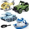 Royal Hub DIY Military Army Car Toy 4 Pack with 1 Screwdriver Tools, Kids STEM Toys Including 1 Helicopter, 1 Jeep, 1 Tank, and 1 Boat for Toddlers Age 3-6, Birthday Gifts for Boys 2 3 4 5 6 Year Old