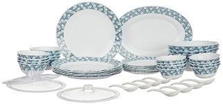 Larah By Borosil Fluted Weave Dinner Set 44 Pieces, Opal Glass Dinner Plates & Bowls Crockery Set For Dinning, White