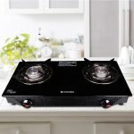 Candes Toughened Glass 2 Burner Gas Stove | Manual Ignition & Die Cast Alloy Tornado Burner | LPG Gas Stove |ISI Certified | Gas for kitchen | 300 Days Warranty| Black