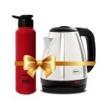 Pigeon 1.5 litre Hot Kettle and Stainless Steel Water Bottle Combo used for boiling Water, Making Tea and Coffee, Instant Noodles, Soup, 1500 Watt with Auto Shut- off Feature – (Silver)