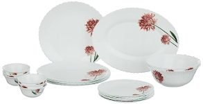 Larah by Borosil Fluted Nargis Dinner Set 21 Pieces, Opal Glass Dinner Plates & Bowls Crockery Set for Dinning, White