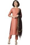 Janasya Women’s Peach Poly Silk Solid Kurta with Pant and Dupatta