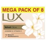 Lux Flaw-Less Glow Jasmine & Vitamin C + E Soap Bar, 150 G (Combo Pack Of 8) | Moisturizing Bathing Soap For Soft, Glowing Skin & Body | For Men & Women
