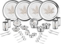 Classic Essentials Pack Of 32 Stainless Steel Maple Dinner Set, Heavy Gauge With Permanent Laser Design Dinner Set(Silver)