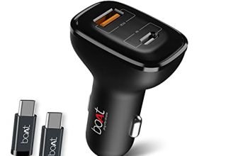 Boat Dual Port Qc-Pd 24W Fast Car Charger With 24W Fast Pd Charging & 18W Qc Charging Compatible With All Smartphones, Tablets & Laptops (Free Type C To Type C Cable), Black