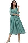 Janasya Women’s Green Poly Chiffon Self Design Flared Dress