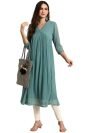 Janasya Women’s Green Poly Chiffon Self Design Flared Western Dress(JNE3797-KR-L)