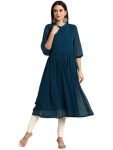 Janasya Women’s Teal Poly Chiffon Self Design Flared Western Dress(JNE3798-KR-M)
