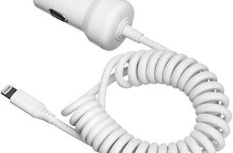 Amazon Basics Coiled Cable Lightning Car Charger, 1.5 Foot, White, Mp3 Players, White