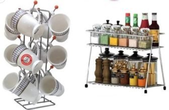 Present a combo pack of Stainless Steel Coffee Cup Holder Orange V shape cup Stand for Modular Kitchen (12 Cups Stand) & Stainless Steel Spice 2-Tier Trolley Container Organizer Organiser/Basket for Boxes Utensils Dishes Plates for Home Containers Kitchen Rack (Steel) Cup Kitchen Rack on Flipkart🔗✅Deal Price @ 269Rs/-