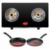 Pigeon by Stovekraft 2 Burner Glass Cook Top Gas Stove (Manual Ignition), Tawa with Stainless Steel Body and Nonstick Fry Pan Cookware Combo (Black, 240mm, 250mm, 14722)