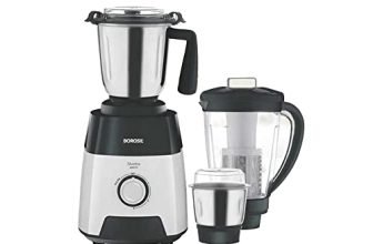 Borosil Silverline Mixer Grinder, For Wet/Dry Mixing & Grinding, 600 Watts, 3 Jars, 2 Heavy Stainless Steel Jars (0.4 L Chutney Grinder & 1.2 L Dry/Wet Grinder) With Pc Lids + 1 Pc Jar (1.5 L) With Fruit Filter For Blending & Juicing
