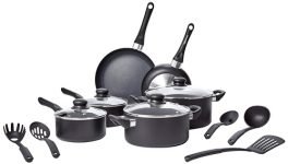 amazon basics Aluminium Non-Stick Black Cookware Set – 15 Piece