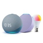 Echo Pop (Purple) and Echo Dot (4th Gen) with Clock (Blue) combo with Wipro 9W LED Smart Bulb