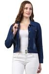 FUNDAY FASHION Women’s Solid Regular Denim Jacket (Medium, Dark Blue)