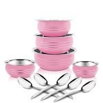 Classic Essentials Stainless Steel Handi/patila/bhagona/biryani cook & serve Handi Induction Bottom Cookware Set, 300ml, 550ml, 750ml,1100, 1500ml (Pink)