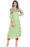 Janasya Women’s Light Green Poly Crepe Floral Print A-line Kurta(JNE3368-KR-M)