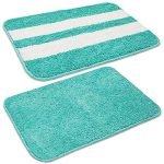 Amazon Brand – Solimo Anti-Slip Microfibre , Solid and Stripe, Turquoise Bathmat (35cm x 50cm, Blue) – Set of 2