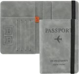 FLYNGO Passport Holder Cover Travel Wallet Organiser, Passport Case with RFID Blocking, PU Leather Travel Document Holder for Men & Women Travel Accessories (Grey)