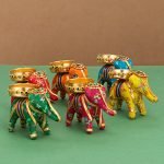 JH Gallery Handcrafted Recycled Material Elephant Tealight Candle Holder Home Decoration Item for Diwali (Multicolor, 8 X 5 X 10 Cm) – Pack of 6, Iron