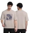 BULLMER Trendy Front Printed Oversized Round Neck T-Shirt for Men – Beige/Large