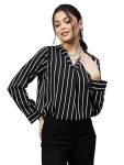Selvia Women’s Cuff Sleeve Crepe V-Neck Striped Top(407TK343N-L_Black)