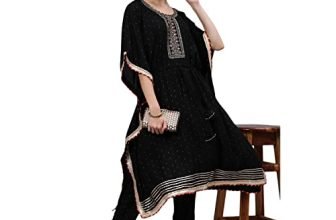 Ishin Women’S Rayon Black Embroidered Kaftan Kurta Trouser Set