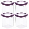 Floraware Food Safe Plastic Multiuse Square Fit-Lock Airtight Storage Jar, Grocery Container, 1150 ml, set 4 BPA free, Purple