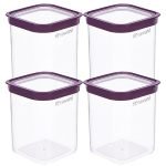 Floraware Food Safe Plastic Multiuse Square Fit-Lock Airtight Storage Jar, Grocery Container, 1150 ml, set 4 BPA free, Purple
