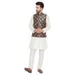 Sojanya (Since 1958, Men’s Silk Off-White Kurta Pyjama & Green Printed Nehru Jacket set, Size: XXL