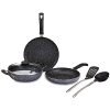 Amazon Brand – Solimo 6 Piece Non-Stick Cookware Set | Granite Finish | Induction Base | PFOA Free | HTR Exterior Coating | 25cm Tawa, 22 cm Kadai, 22cm Fry Pan, 1 Glass Lid & 2 Nylon Spatulas | Grey
